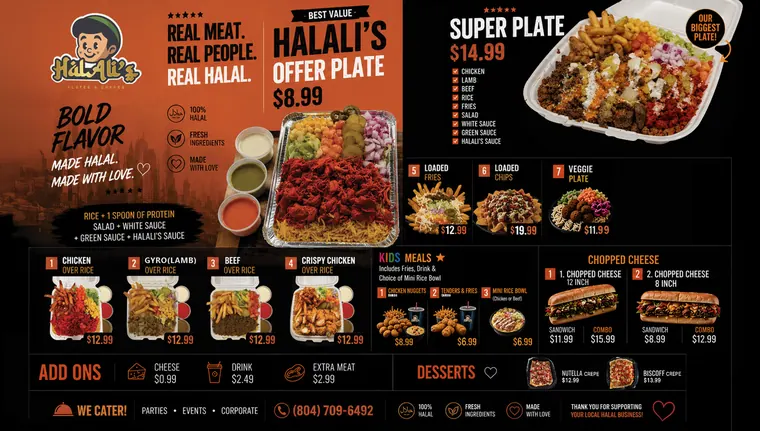 HalAli's plates menu board: offer plate, super plate, seven plates over rice, kids meals, chopped cheese and add-ons, with prices.